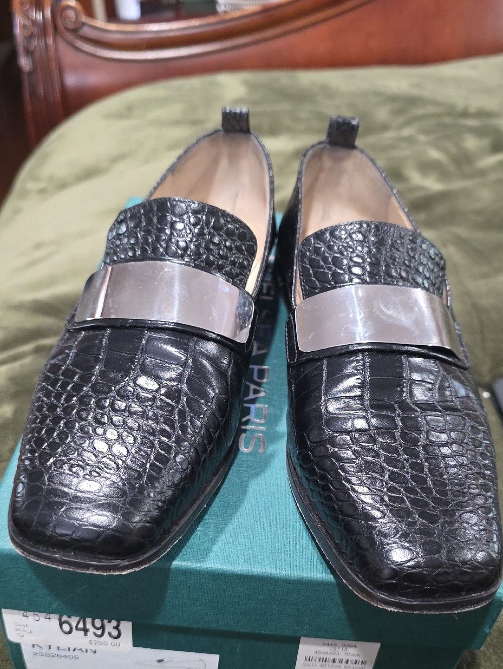 Chelsea Paris Black Croc-Embossed Leather Loafers with Silver Bar